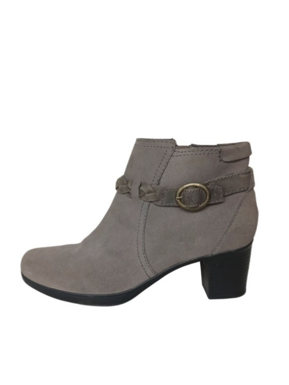 Clarks Boots Women's 9.5 Grey Leather Zip Heeled Braided Buckle Bootie